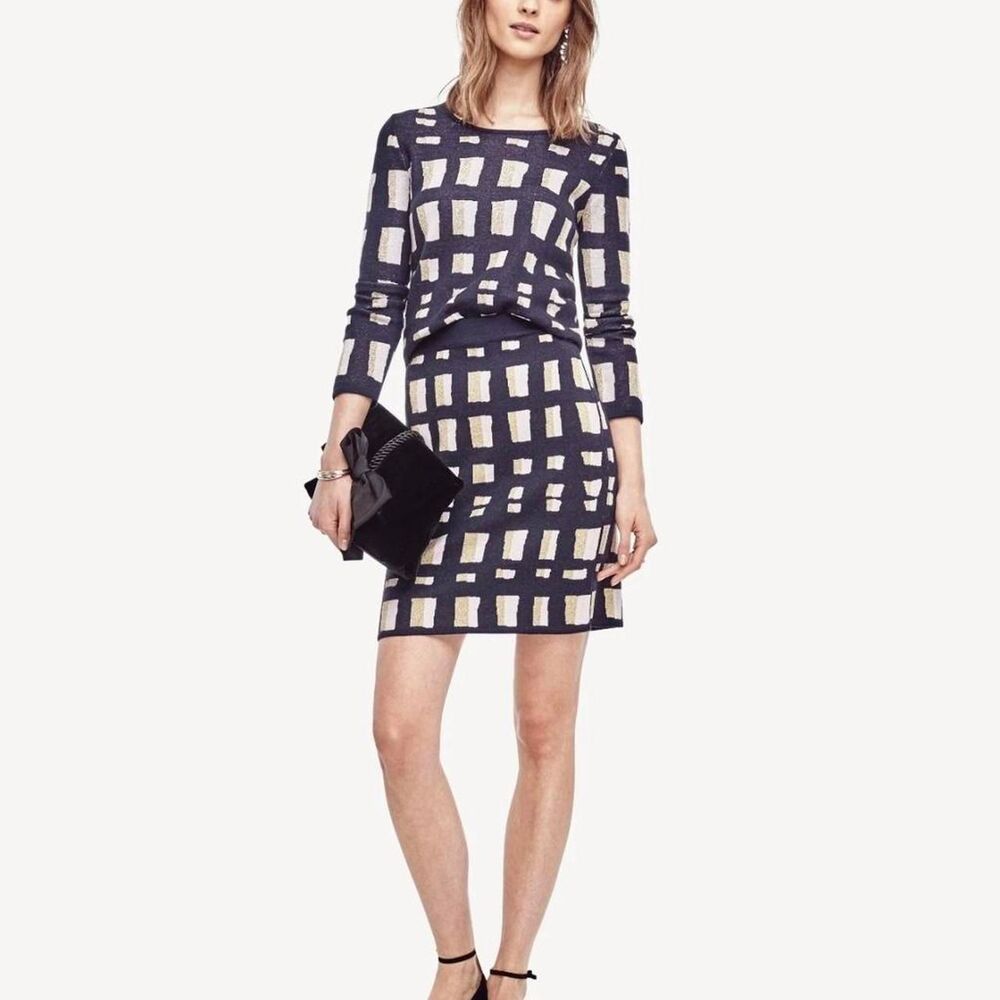Ann Taylor Navy Gold Lattice Knit Cozy Sweater Skirt NWT Women Large Knee Length